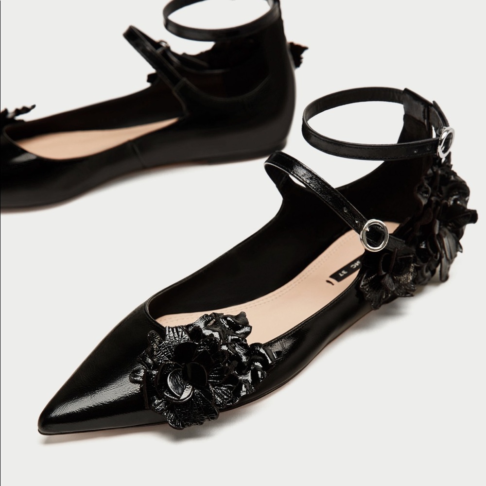 ZARA LEATHER BALLERINA FLATS FLORAL DETAIL - Picture 5 of 6